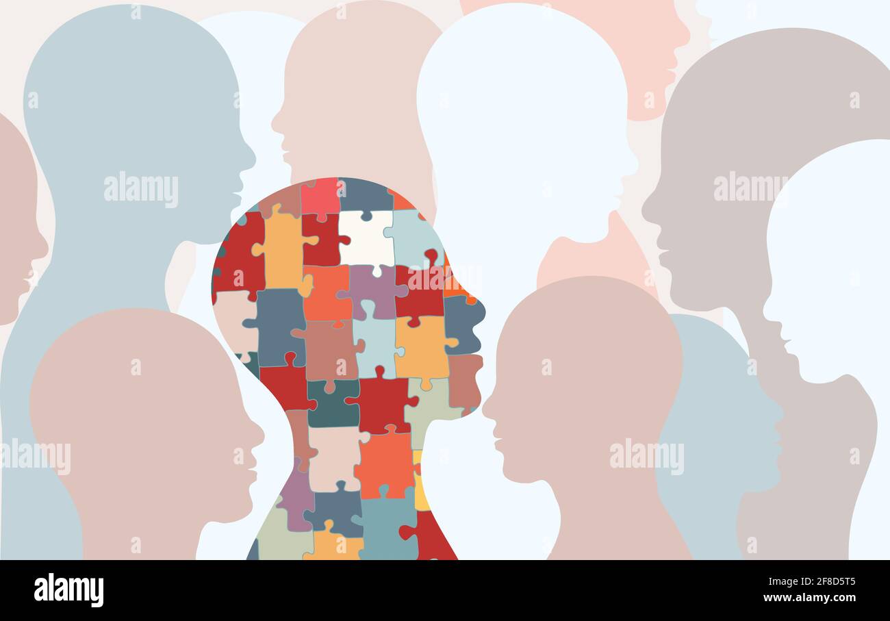 Concetto di sindrome autistica. Jigsaw che forma la testa umana in profilo con il background di altre persone. Supporto all'apprendimento e istruzione. Malattia neurologica. Illustrazione Vettoriale