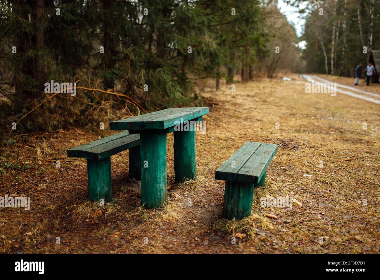panca di legno sulla riva del fiume. un luogo tranquillo appartato in un parco desertato nel boss della natura. un luogo per rilassarsi in primavera in un parco forestale Foto Stock