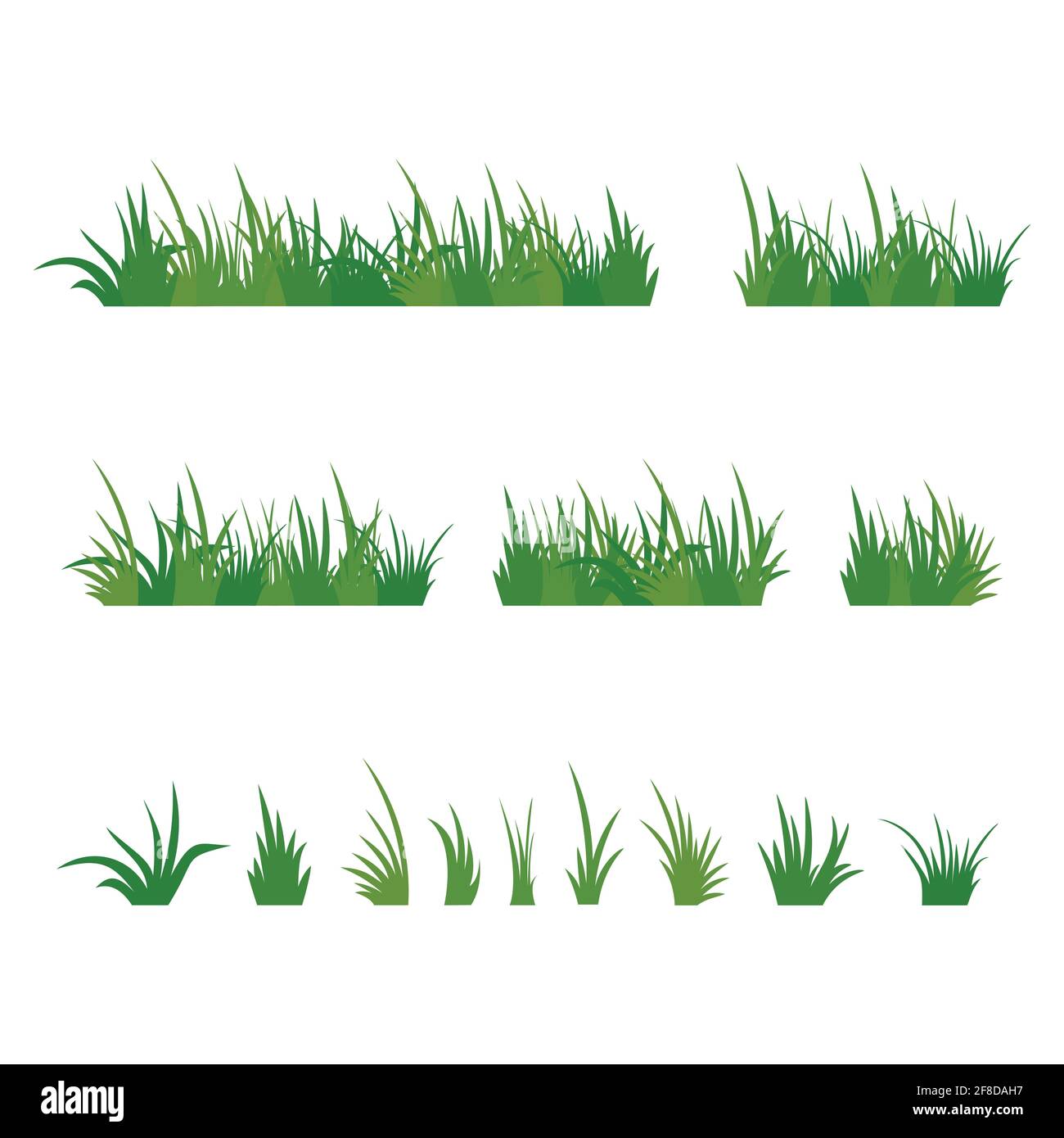 Set di ciuffi verdi erba, piante erbacee. Elementi di progettazione isolati su sfondo bianco. Illustrazione vettoriale. Illustrazione Vettoriale