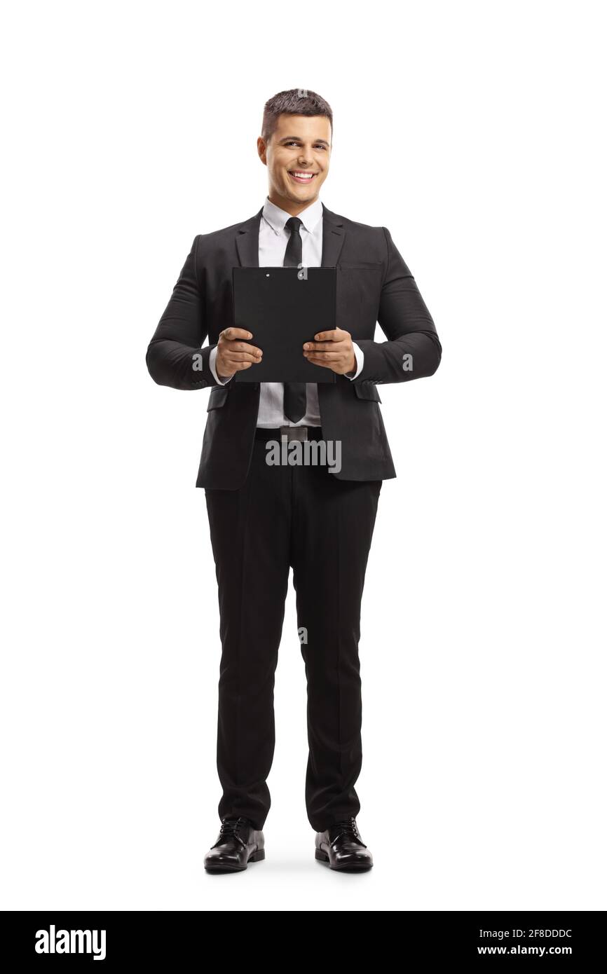 Ritratto a lunghezza intera di un uomo professionista che tiene una clipboard isolato su sfondo bianco Foto Stock