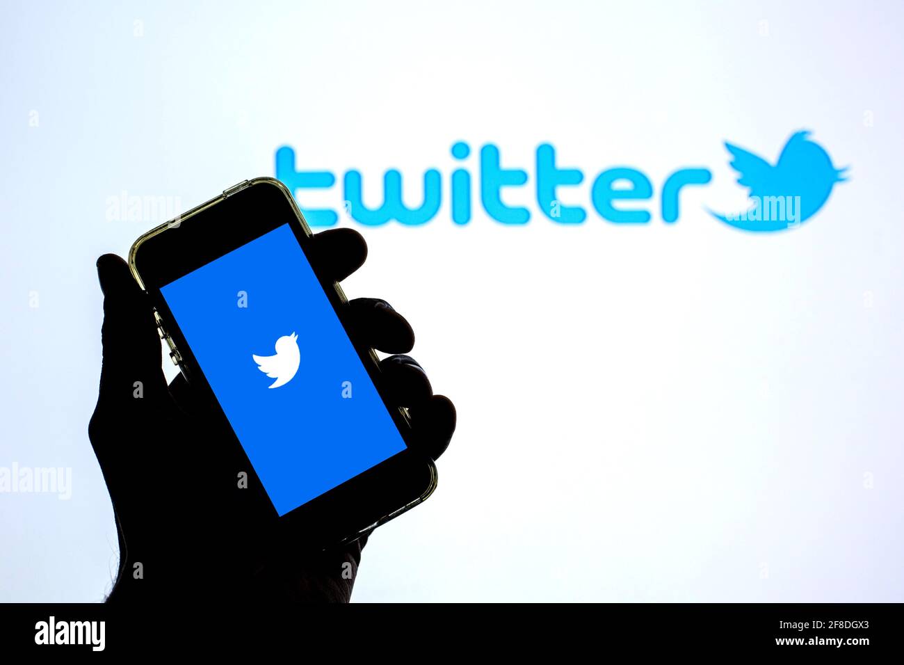In questa illustrazione fotografica viene visualizzata un'applicazione Twitter su uno smartphone con il logo Twitter sullo sfondo. Foto Stock