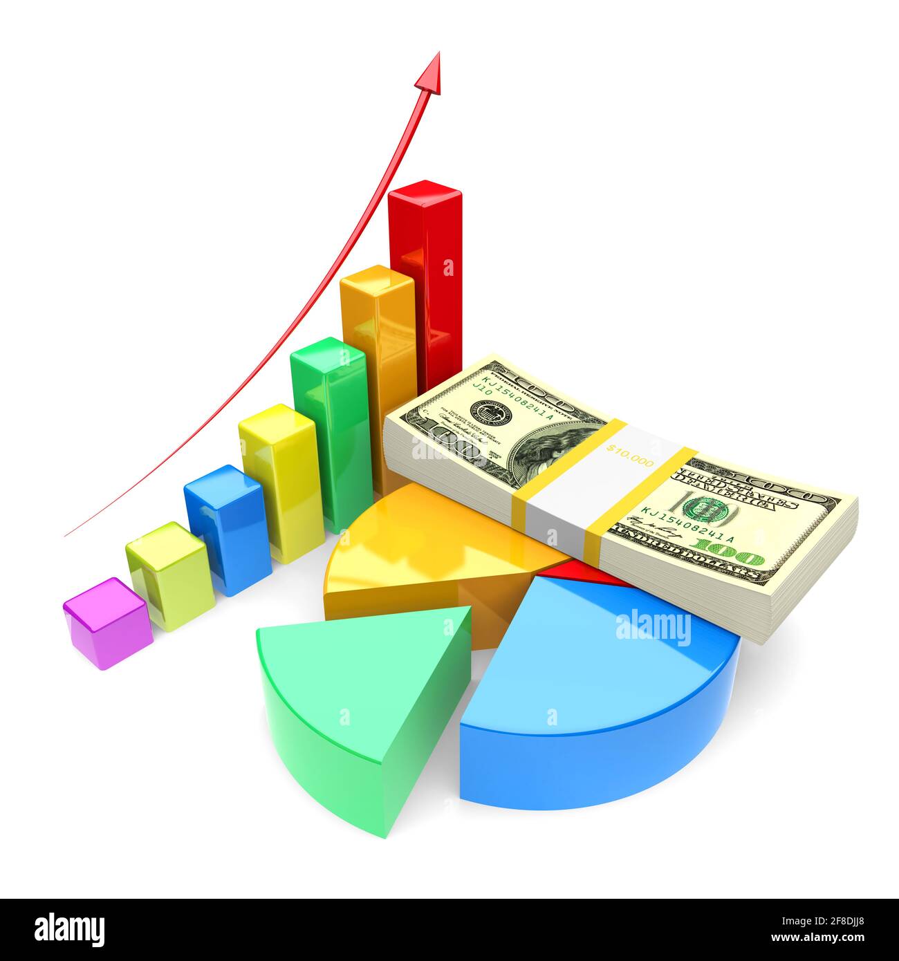 Concetto di miglioramento aziendale. Grafico della crescita 3d della finanza, grafico a torta e uno stack di bollette in dollari su sfondo bianco. Foto Stock