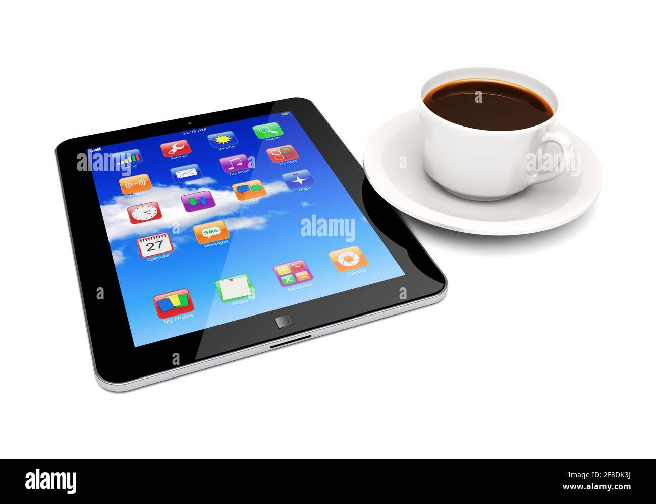 Computer Tablet pc con applicazioni SKY e colorate su un schermo e tazza di caffè accanto Foto Stock