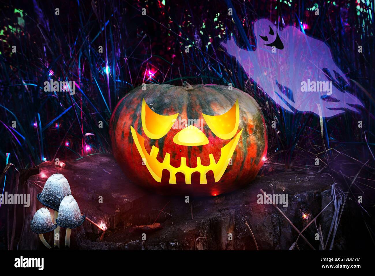 Zucca incandescente su Halloween sdraiato su un ceppo nei boschi. Un fantasma, il fungo di una strega, luci mistiche. Sfondo per la decorazione di vacanza. Foto Stock