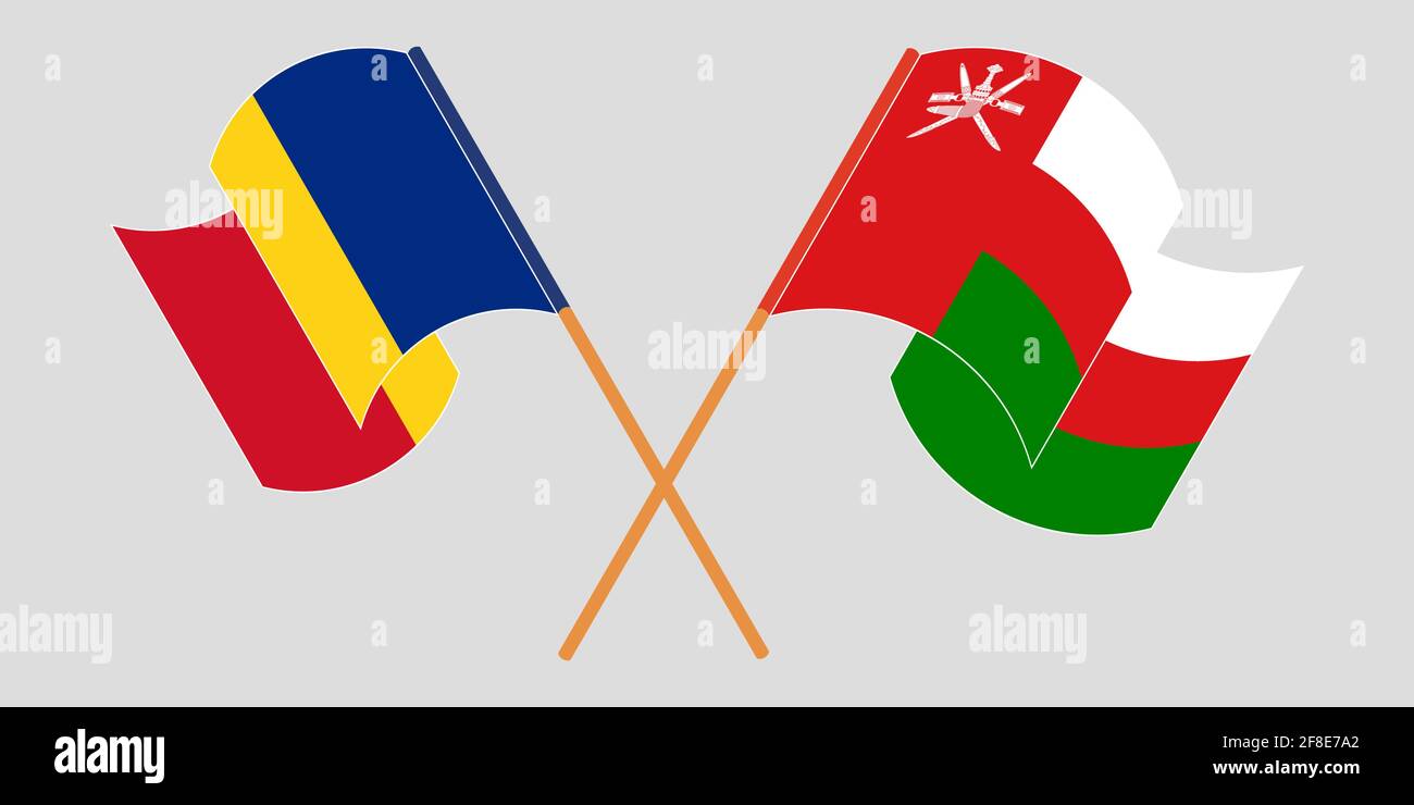 Bandiere incrociate e sventolanti di Oman e Romania. Illustrazione vettoriale Illustrazione Vettoriale