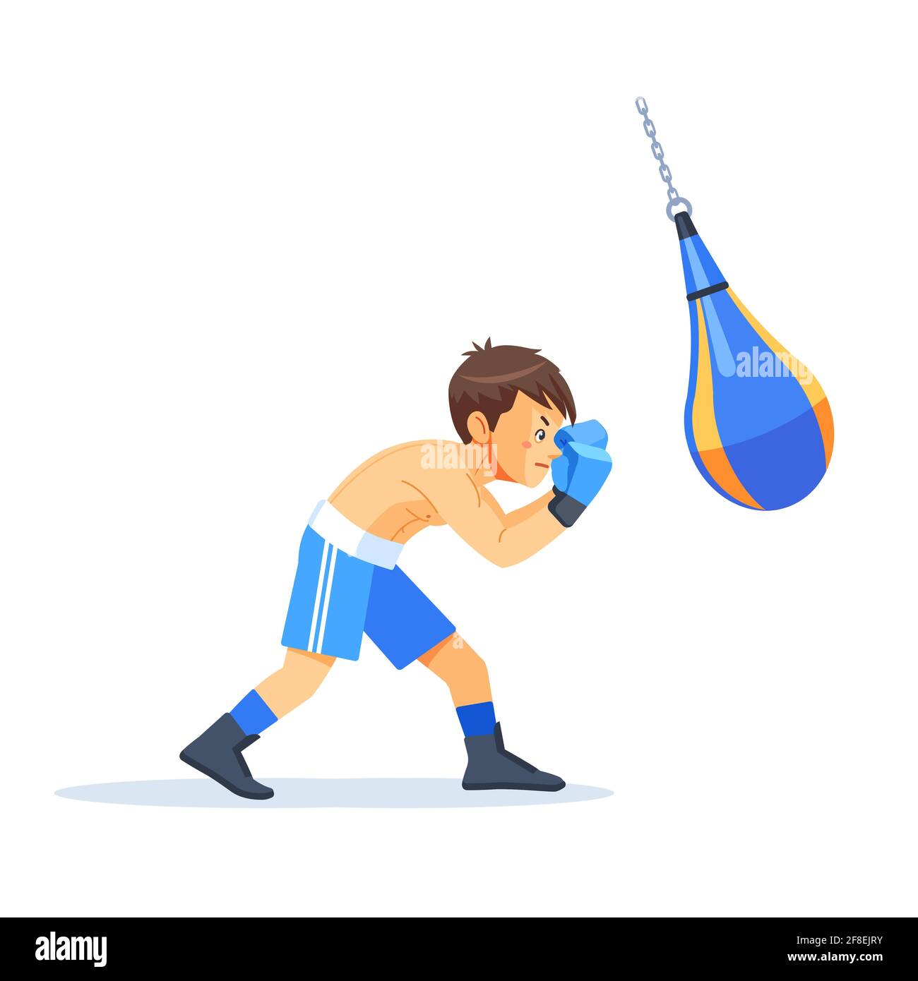 Boxer capretto con sacchetti di sabbia Boxing. Fitness, sport, esercizio fisico, potenza e il concetto di stile di vita. Illustrazione vettoriale cartoon su sfondo bianco Illustrazione Vettoriale