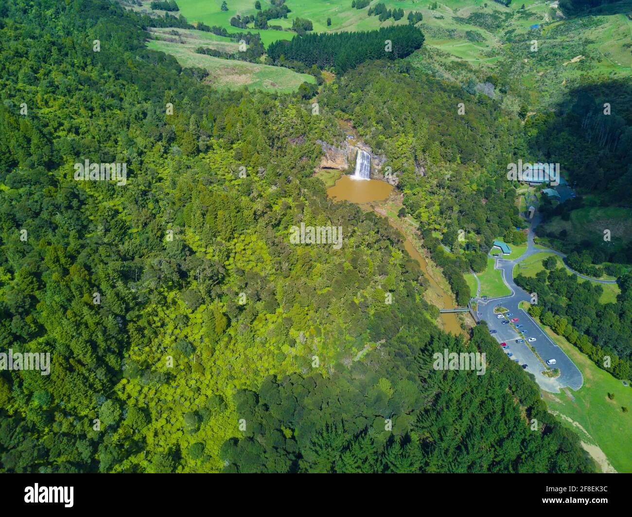 L'Hunua Falls si trova nella parte occidentale dell'Hunua Ranges Regional Park nell'area di Auckland. La spettacolare cascata di 30 metri fa parte della Wairoa Ri Foto Stock