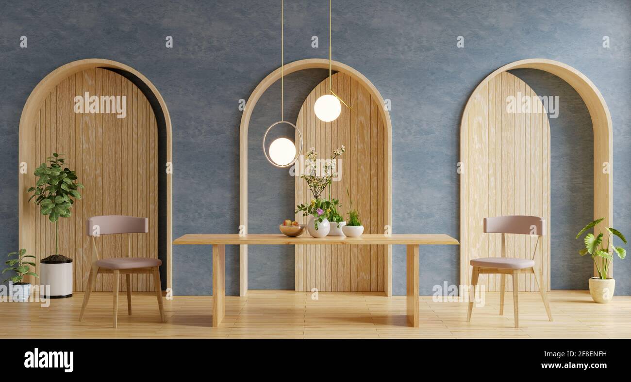 Interni moderni con pareti blu scuro e rendering 3d Foto Stock