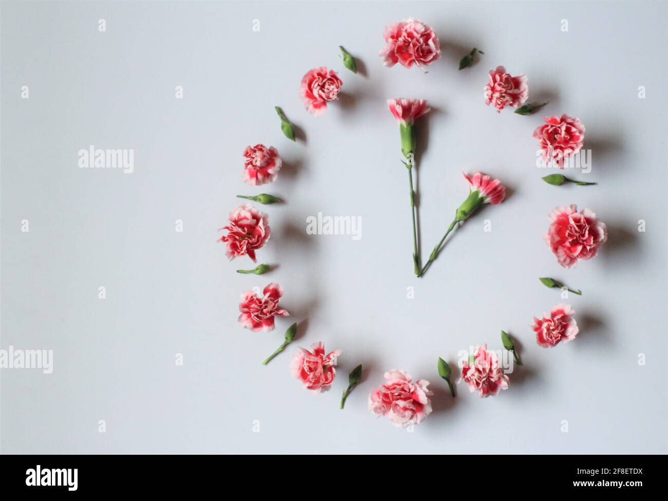 Orologio impostato alle 2:00 fatto di fiori rosa per simboleggiare l'ora legale 2021 primavera avanti orologio. Orologio floreale con spazio per la copia. Concetto di tempo. Piatto Foto Stock