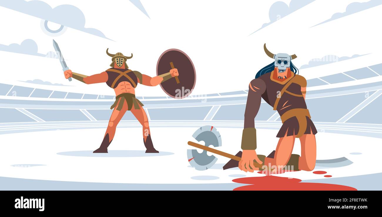 Gladiator sconfisse il leggendario combattente gigante. Illustrazione vettoriale isolata. Stile cartoon piatto Illustrazione Vettoriale