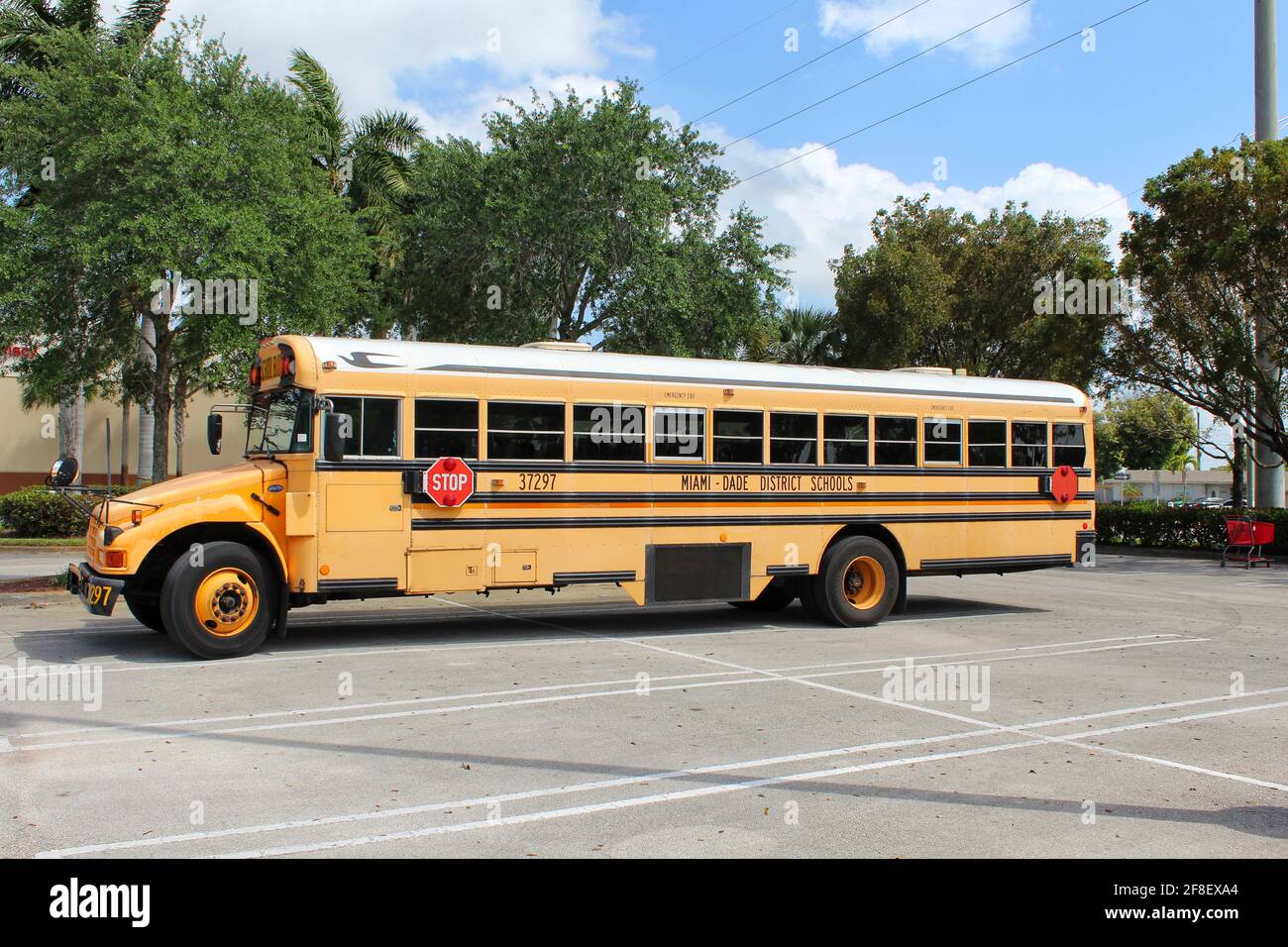 Autobus giallo della scuola dalla contea di Miami Dade sistema scolastico pubblico parcheggiato in un parcheggio. Scuole della florida del Sud. Foto Stock