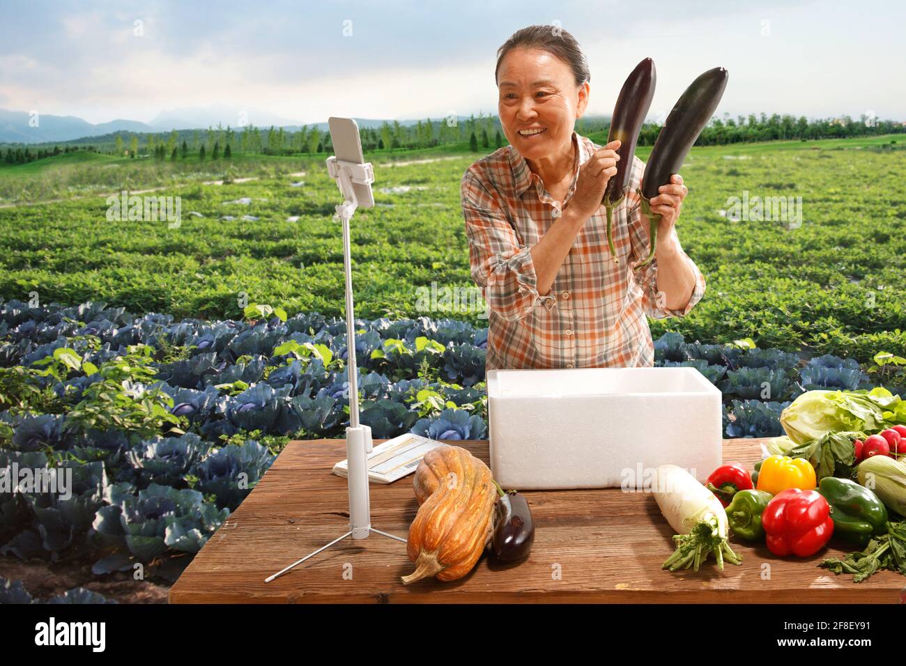 Coltivatori vivono la consegna in linea dei prodotti agricoli Foto Stock