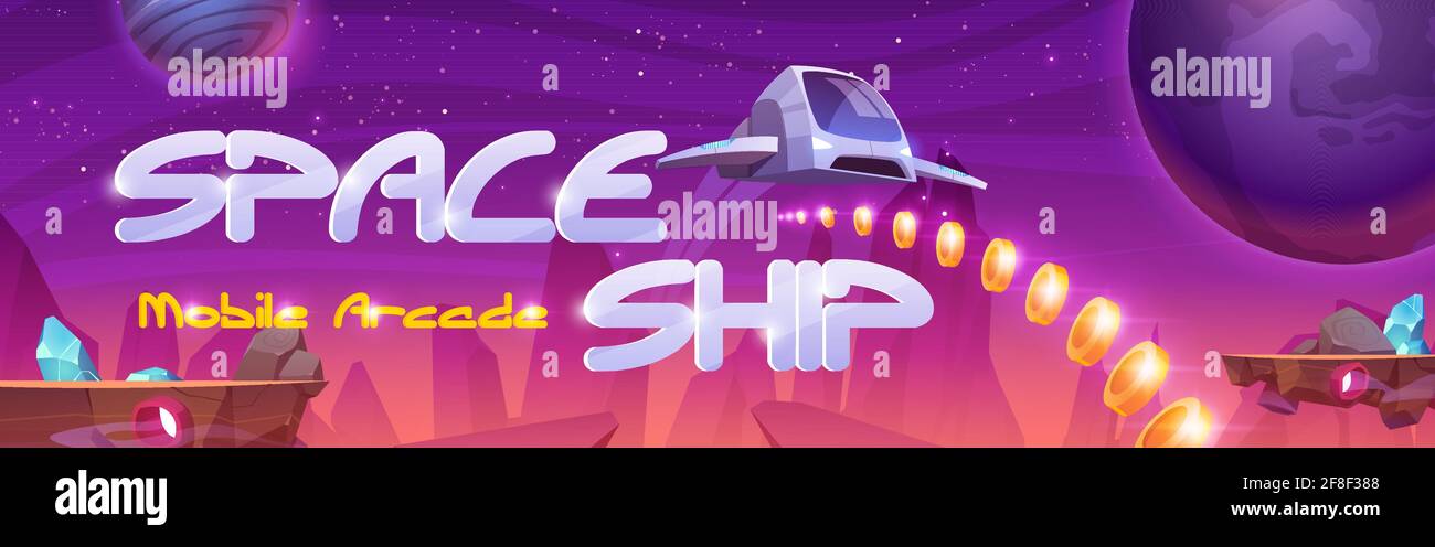 Arcade mobile con astronave, navetta interstellare sorvola il pianeta alieno con rocce volanti e risorse su rocce volanti, design di giochi fantasy, paesaggio extraterrestre, illustrazione vettoriale Cartoon Illustrazione Vettoriale