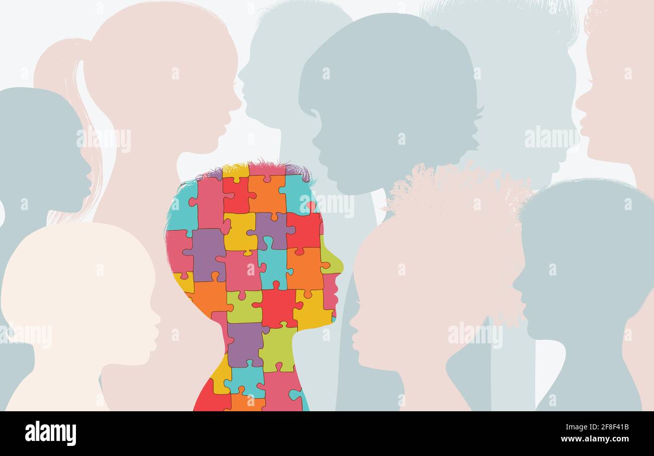 Concetto di sindrome autistica. Jigsaw Puzzle che forma la testa del profilo di un bambino con altri bambini sfondo. Supporto all'apprendimento e istruzione. Illustrazione Vettoriale