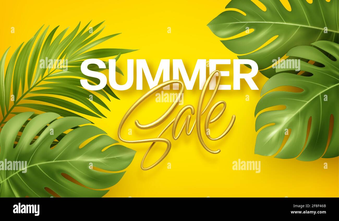 Golden lettering Summer sale su sfondo estivo giallo luminoso con mostera tropicale realistico e foglie di palma. Disegno di sfondo per la pubblicità Illustrazione Vettoriale