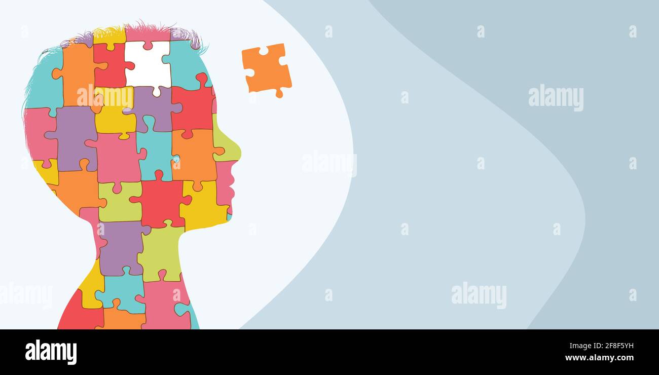Spazio per la copia di striscioni. Concetto di sindrome autistica. Jigsaw Puzzle che forma la testa del profilo di un bambino. Supporto all'apprendimento e istruzione. Mente e cervello Illustrazione Vettoriale