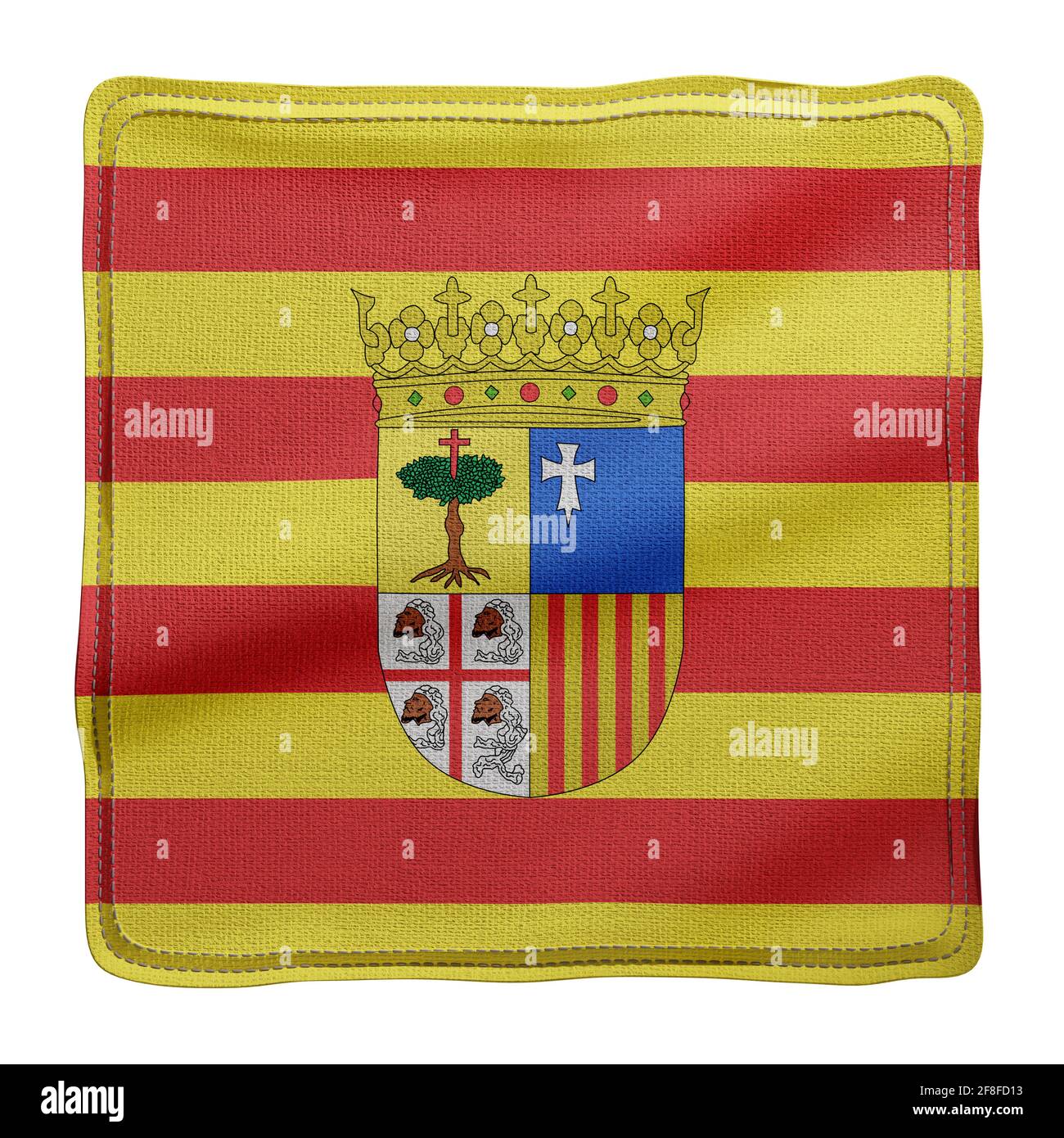 Rappresentazione 3d di una bandiera della Comunità spagnola dell'Aragona silata uno sfondo bianco Foto Stock