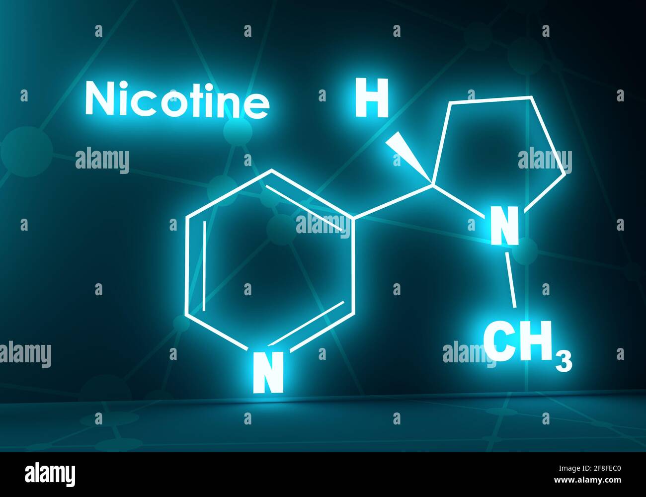 Formula molecolare chimica della nicotina. Linee collegate con sfondo a punti. Rendering 3D Foto Stock