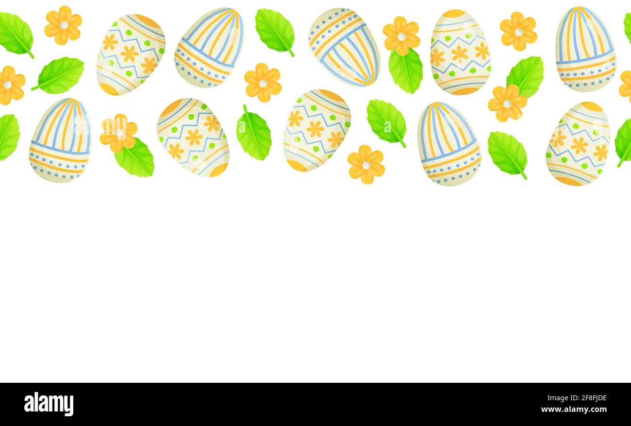 Confine pasquale con uova, vite e fiori. Sagoma della molla. Illustrazione vettoriale in stile cartoon realistico Illustrazione Vettoriale