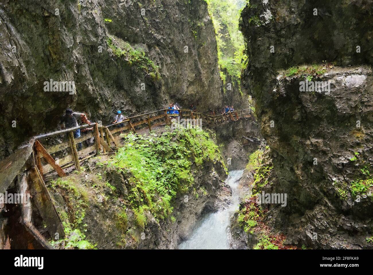 Tela di pittura ad olio di Wolfsklamm Gorge a Stans tirol Austria. Paesaggio con ruscello selvaggio. Foto Stock