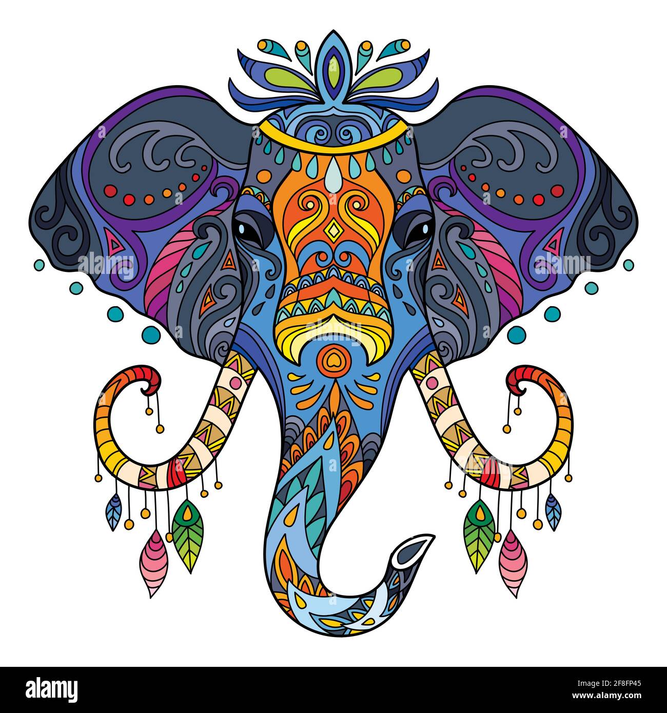 Testa di elefante con doodle e zentangle elementi. Illustrazione colorata astratta vettoriale isolata su sfondo bianco. Per design, stampa, decorazione, tat Illustrazione Vettoriale