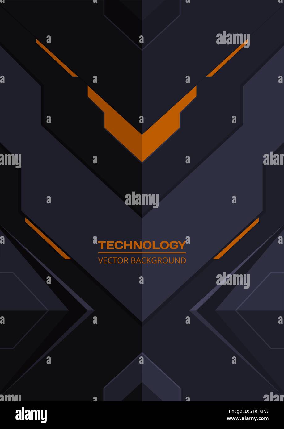 Astratto grigio scuro e arancio geometrico sfondo tecnologico futuristico. Banner, poster, copertina, volantino o brochure per giochi robotici alla moda Illustrazione Vettoriale