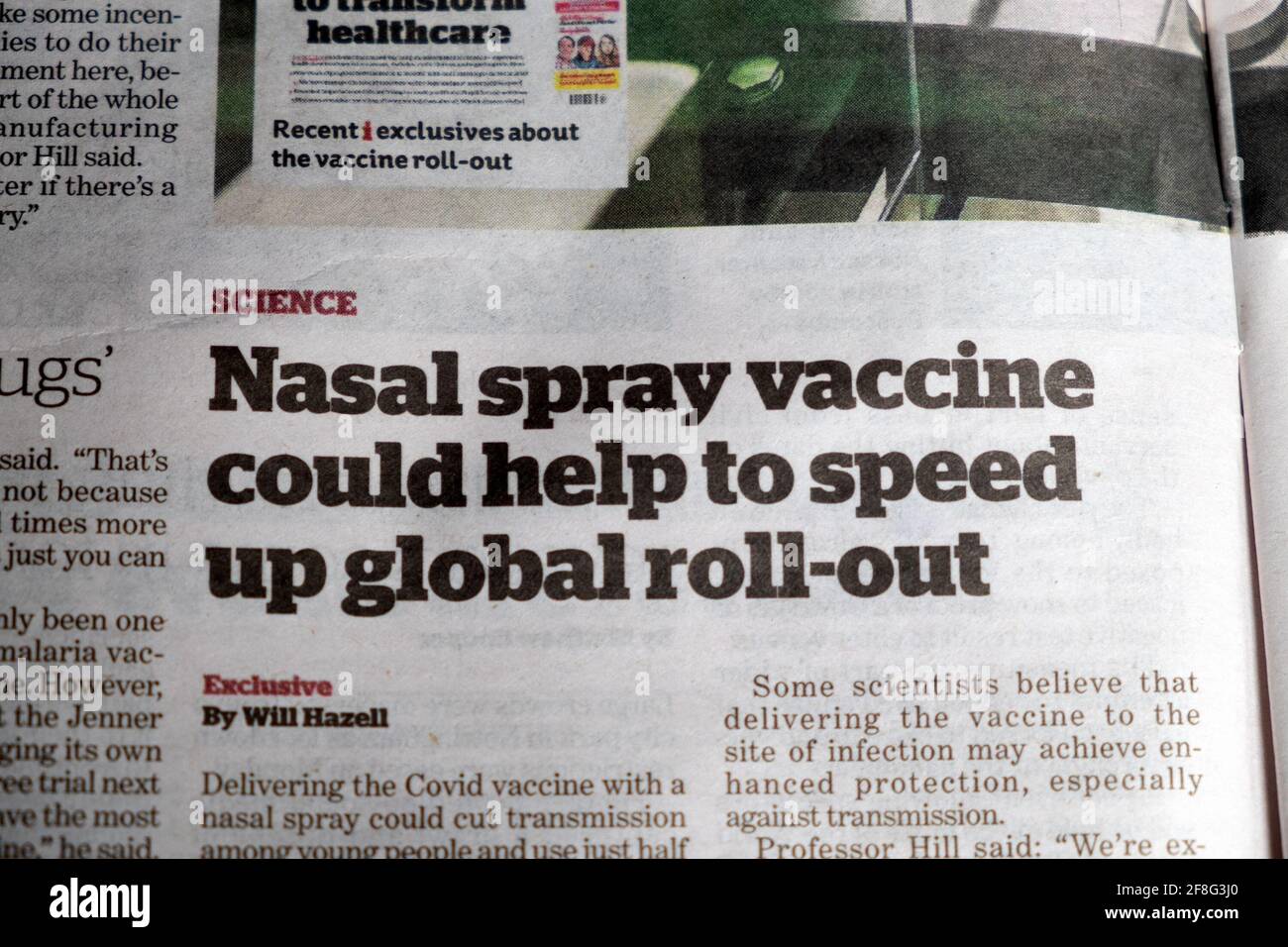 "Il vaccino spray nasale potrebbe contribuire ad accelerare l'attuazione globale" articolo scientifico di inews su i giornale Aprile 2021 Londra Inghilterra REGNO UNITO Foto Stock