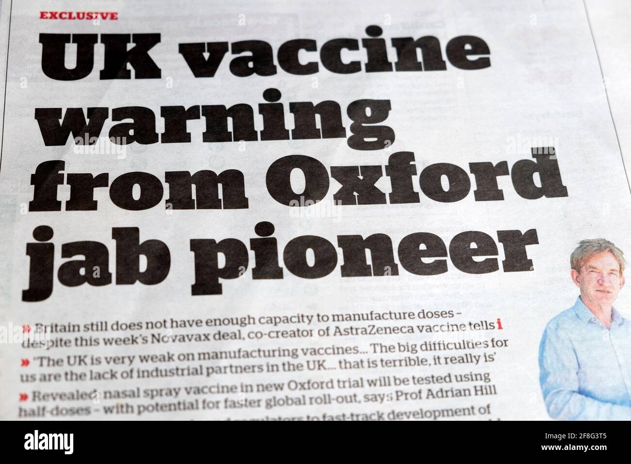 "Avvertimento del vaccino del Regno Unito dal pioniere di Oxford jab" Professor Adrian Hill Il vaccinologo Oxford AstraZeneca articolo in i giornale 2021 Londra Inghilterra REGNO UNITO Foto Stock