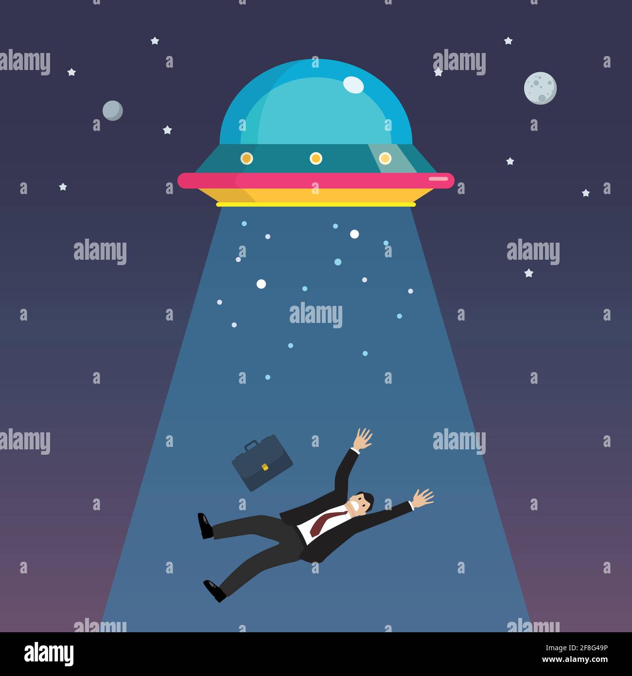 Uomo d'affari rapito da UFO. Illustrazione vettoriale di stile piatto Illustrazione Vettoriale