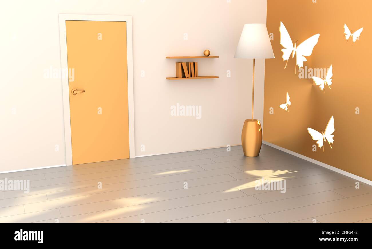 Camera vuota con luce solare che brilla attraverso la finestra a forma di farfalla. Rendering 3D. Foto Stock