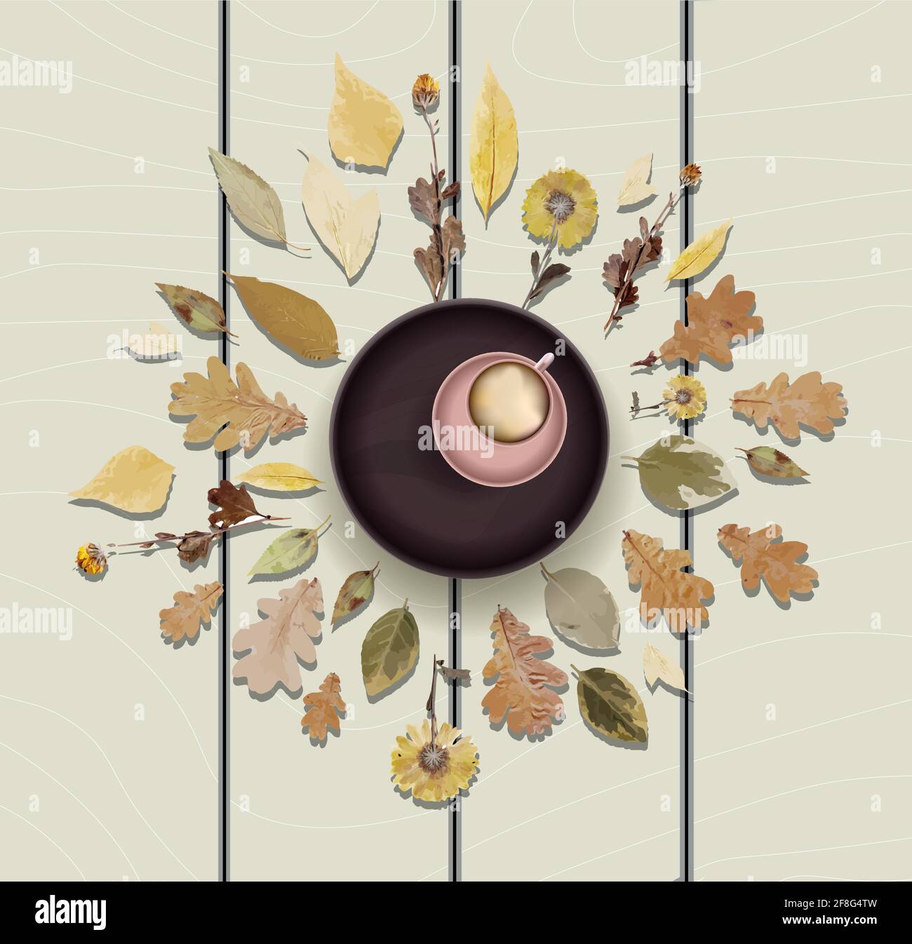 Tazza di cappuccino o latte sulla vista dall'alto. Illustrazione autunnale. Foglie d'autunno. Tè alle erbe. Illustrazione vettoriale. Illustrazione Vettoriale