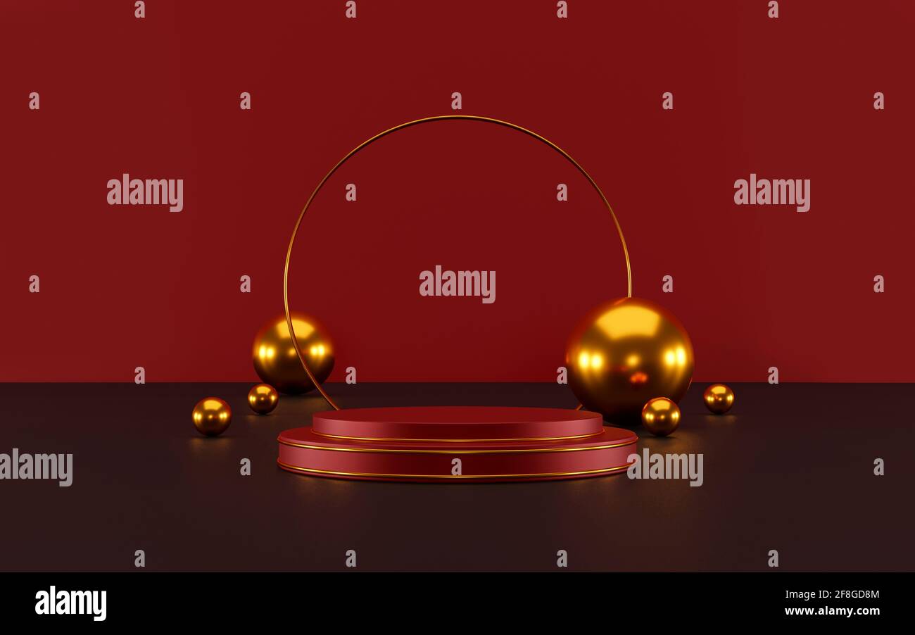 scena minimalista con forme geometriche. display rosso cilindro sul podio e sfera oro o mockup per prodotti con sfondo rosso scuro. spazio per testo. 3D Foto Stock