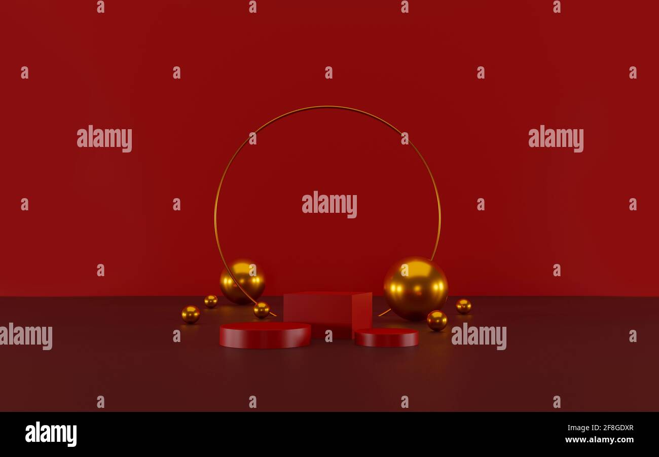 scena minimalista con forme geometriche. display rosso cilindro sul podio e sfera oro o mockup per prodotti con sfondo rosso scuro. spazio per testo. 3D Foto Stock