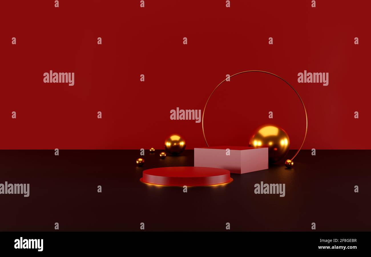 scena minimalista con forme geometriche. display rosso cilindro sul podio e sfera oro o mockup per prodotti con sfondo rosso scuro. spazio per testo. 3D Foto Stock