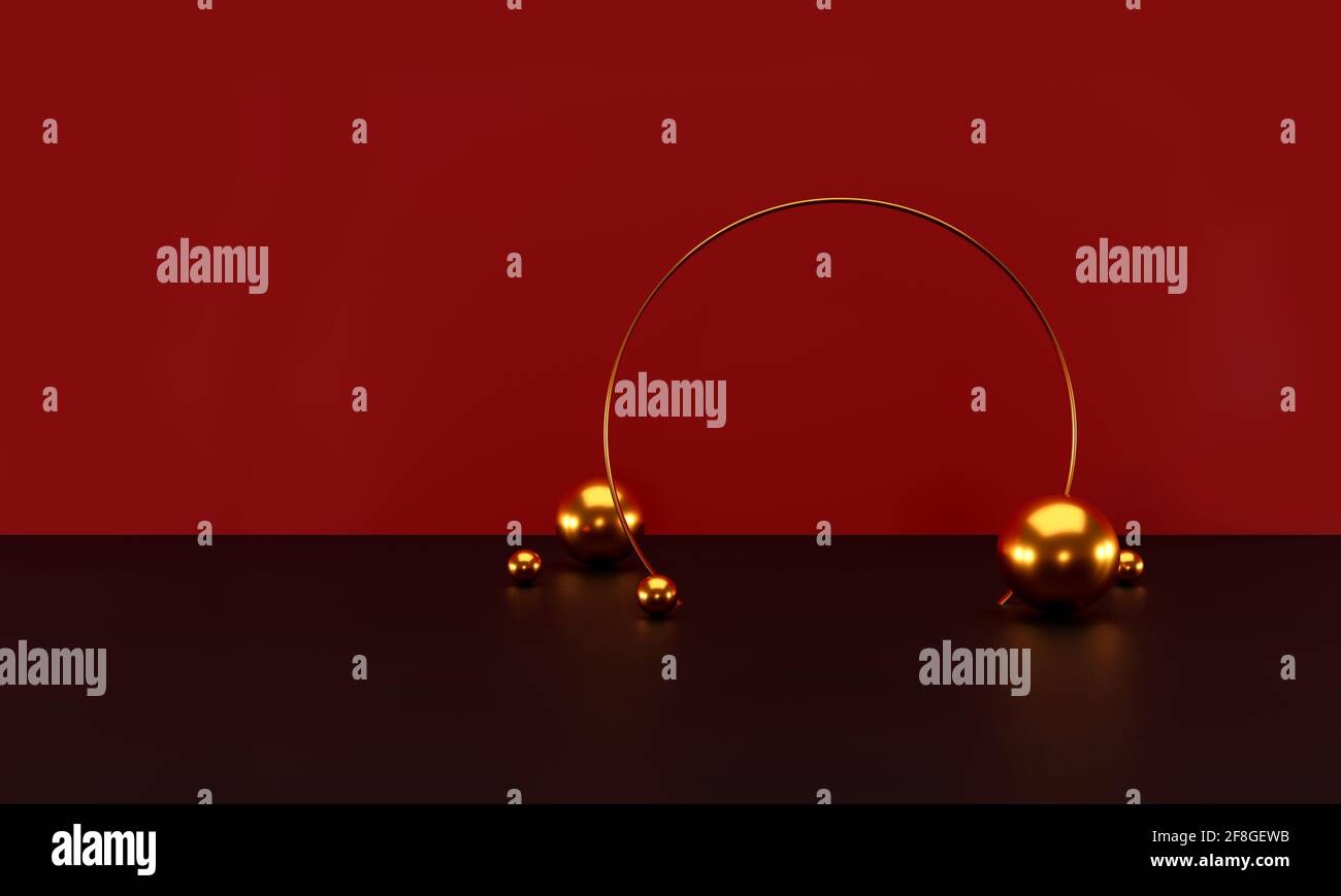 scena minimalista con forme geometriche. display rosso cilindro sul podio e sfera oro o mockup per prodotti con sfondo rosso scuro. spazio per testo. 3D Foto Stock