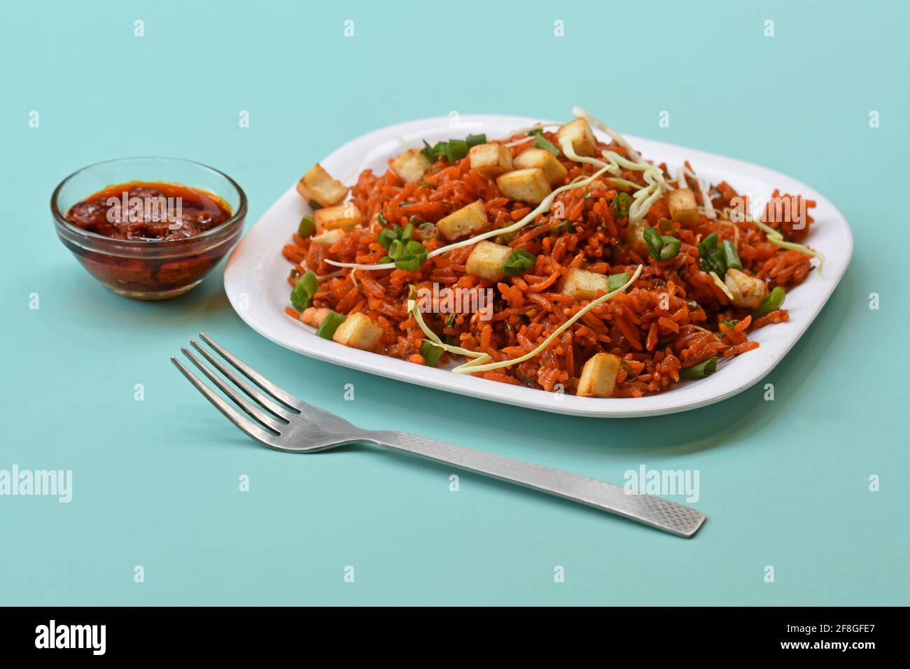 Riso fritto con salsa schezwan, riso cinese fritto con paneer, guarnito con cipolla primaverile e cavolo Foto Stock