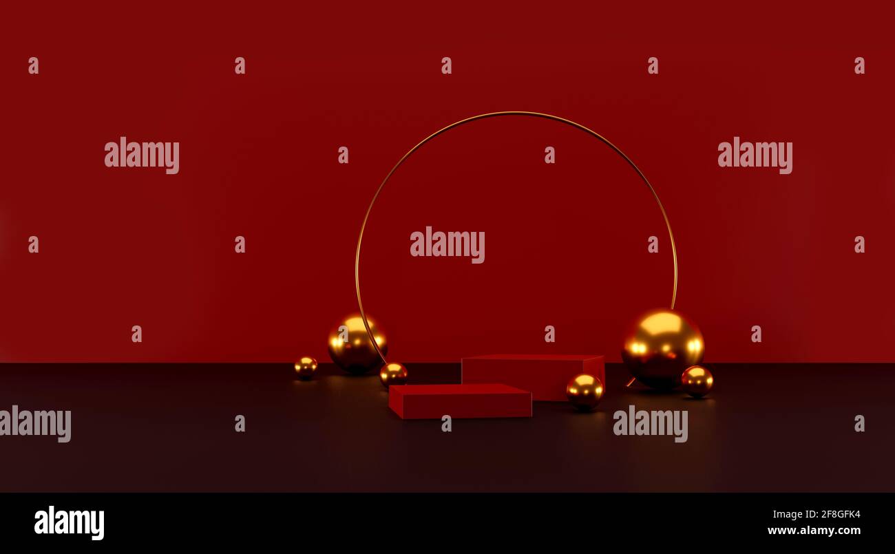scena minimalista con forme geometriche. display rosso cilindro sul podio e sfera oro o mockup per prodotti con sfondo rosso scuro. spazio per testo. 3D Foto Stock