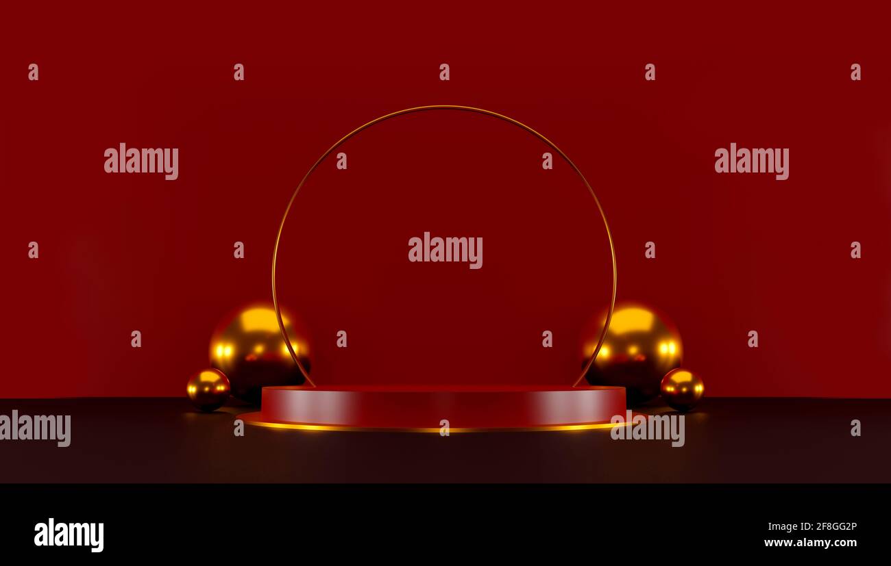 scena minimalista con forme geometriche. display rosso cilindro sul podio e sfera oro o mockup per prodotti con sfondo rosso scuro. spazio per testo. 3D Foto Stock