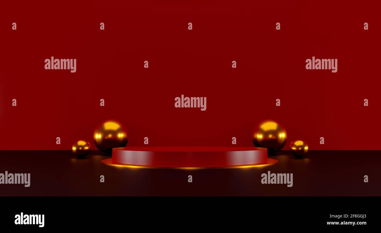 scena minimalista con forme geometriche. display rosso cilindro sul podio e sfera oro o mockup per prodotti con sfondo rosso scuro. spazio per testo. 3D Foto Stock