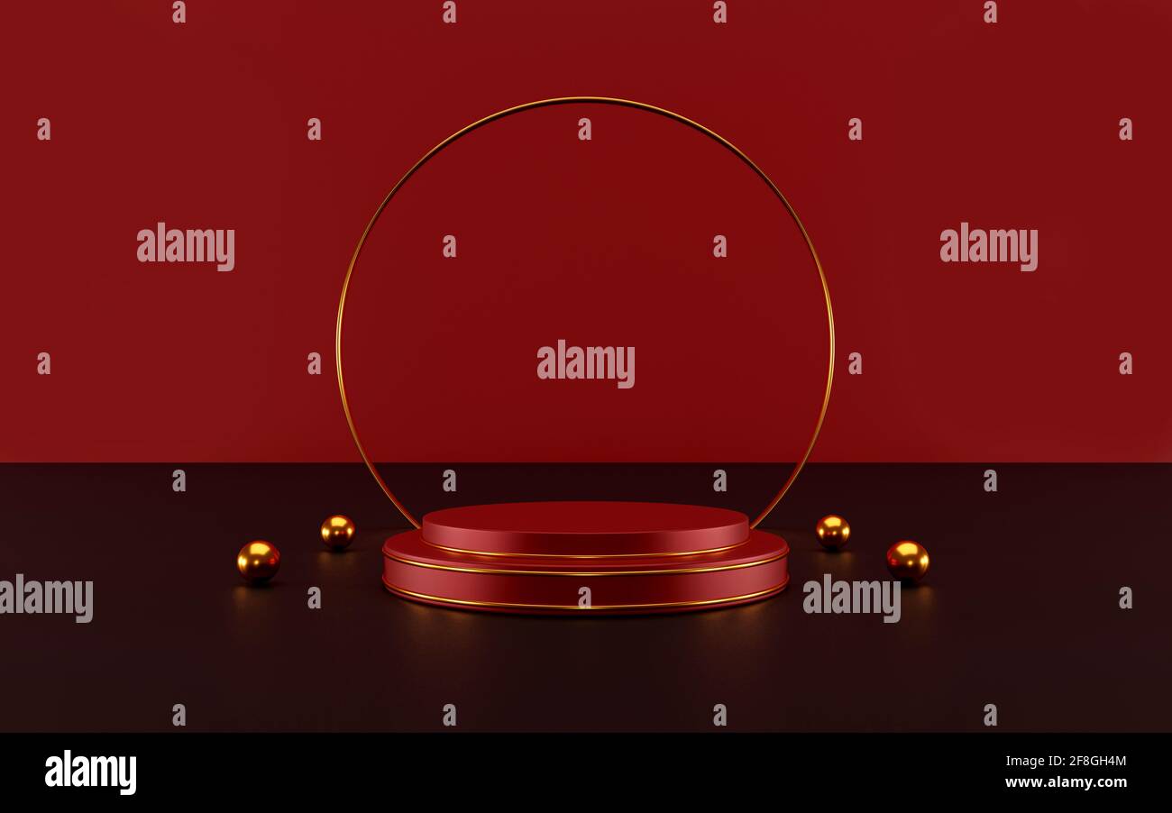scena minimalista con forme geometriche. display rosso cilindro sul podio e sfera oro o mockup per prodotti con sfondo rosso scuro. spazio per testo. 3D Foto Stock