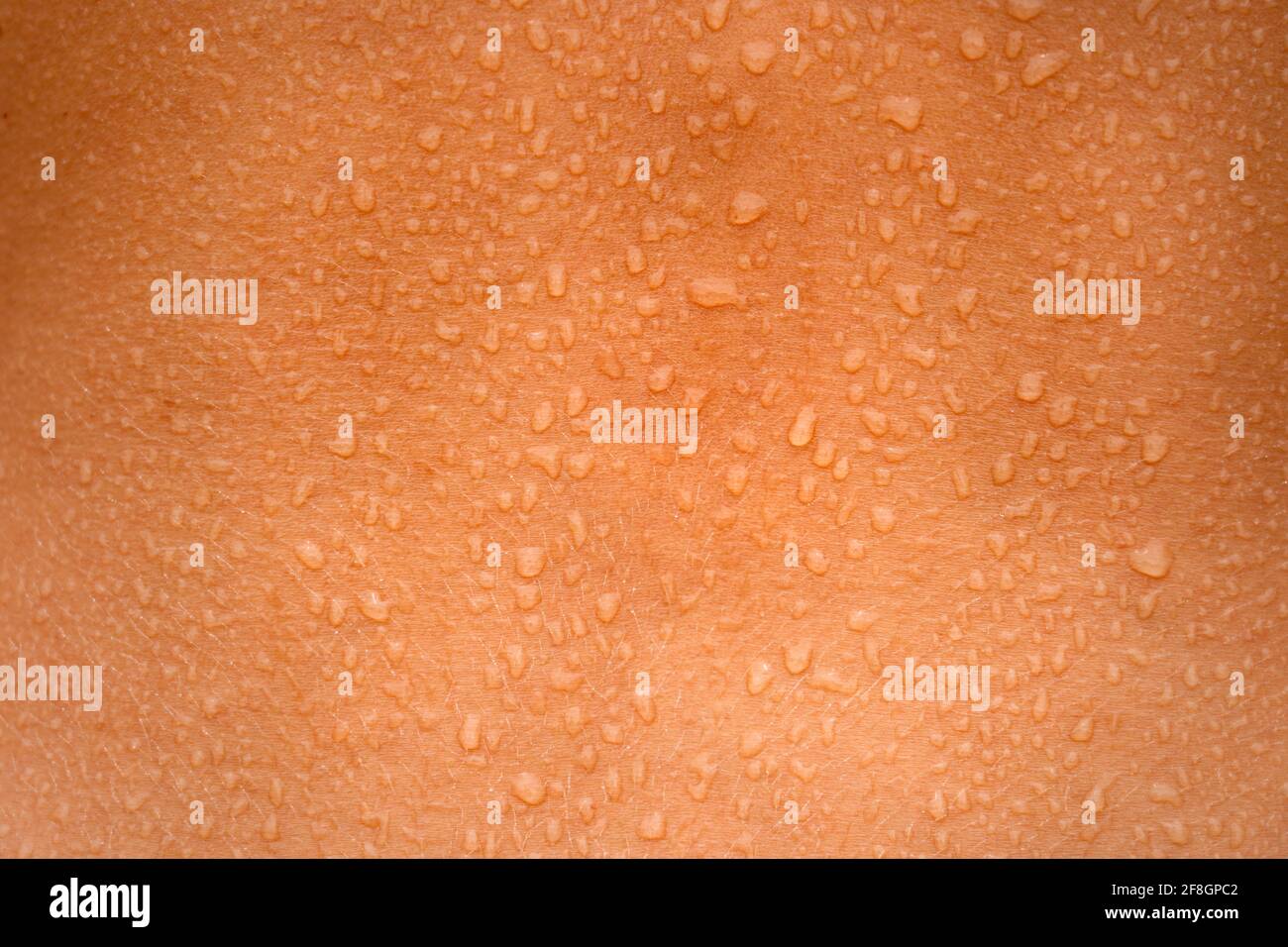 Gocce d'acqua sulla pelle della donna. Pelle umana e sudore. Primo piano della pelle umana umida. Foto Stock