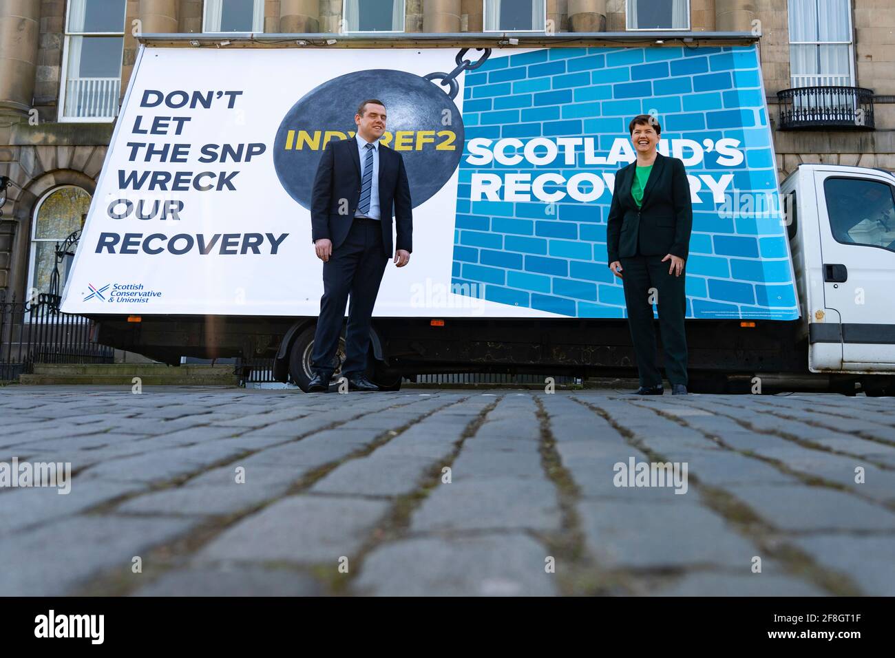 Edimburgo, Scozia, Regno Unito. 14 aprile 2021. Il leader dei conservatori scozzesi Douglas Ross e Ruth Davidson lanciano oggi a Edimburgo la campagna di voto per la lista dei partiti dei conservatori scozzesi. Iain Masterton/Alamy Live News Foto Stock