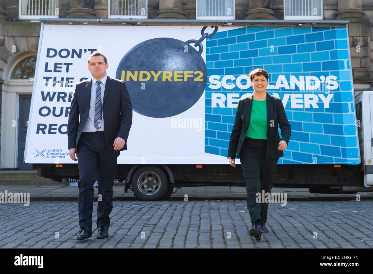 Edimburgo, Scozia, Regno Unito. 14 aprile 2021. Il leader dei conservatori scozzesi Douglas Ross e Ruth Davidson lanciano oggi a Edimburgo la campagna di voto per la lista dei partiti dei conservatori scozzesi. Iain Masterton/Alamy Live News Foto Stock