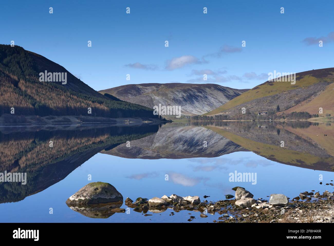 Splendidi riflessi delle colline che circondano il lago di St. Mary in una mattina di primavera senza fiato e soleggiata ai confini scozzesi. Foto Stock