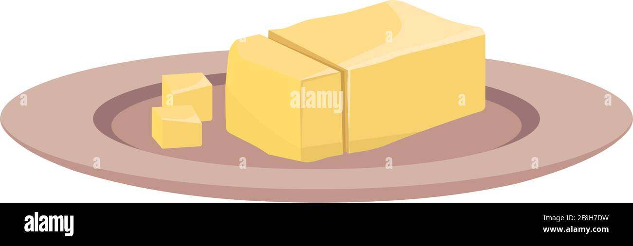 Icona del burro su un piatto. Un pezzo di margarina con pezzi a fette. Fonte di vitamina A. Illustrazione Vettoriale