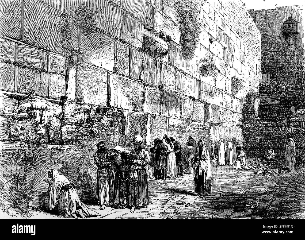 Uomini e donne ebrei pregano insieme al posto di pianto degli ebrei [il Muro di Pianto o il Muro Occidentale] Gerusalemme, dal libro 'quei campi sacri : Palestina, illustrato da penna e matita' di Manning, Samuel, 1822-1881; la Società del Tradimento religioso (Gran Bretagna) pubblicato nel 1874 Foto Stock