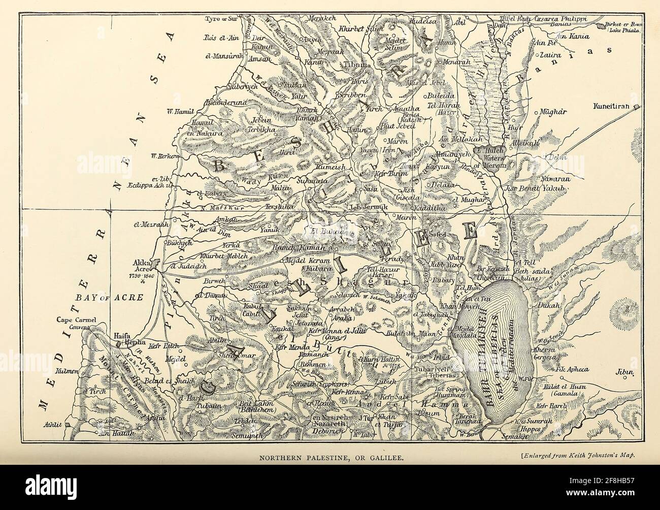 Mappa della Palestina settentrionale, Galilea dal libro 'quei campi sacri : Palestina, illustrata da penna e matita' di Manning, Samuel, 1822-1881; Società religiosa del Tract (Gran Bretagna) pubblicato nel 1874 Foto Stock