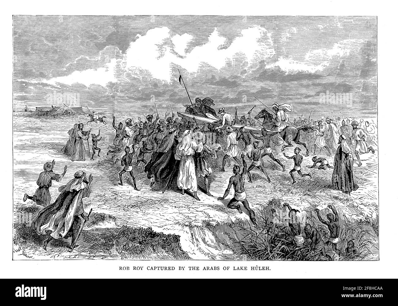Rob Roy catturato dagli arabi sulle acque del lago di Huleh [Hula] dal libro 'quei campi santi : Palestina, illustrato da penna e matita' di Manning, Samuel, 1822-1881; Società religiosa del Tract (Gran Bretagna) pubblicato nel 1874 Foto Stock