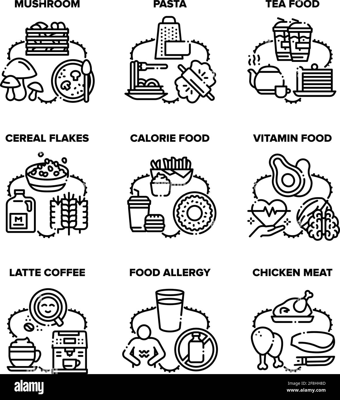 Icone del set di raccolta di alimenti Illustrazione del nero del vettore Illustrazione Vettoriale