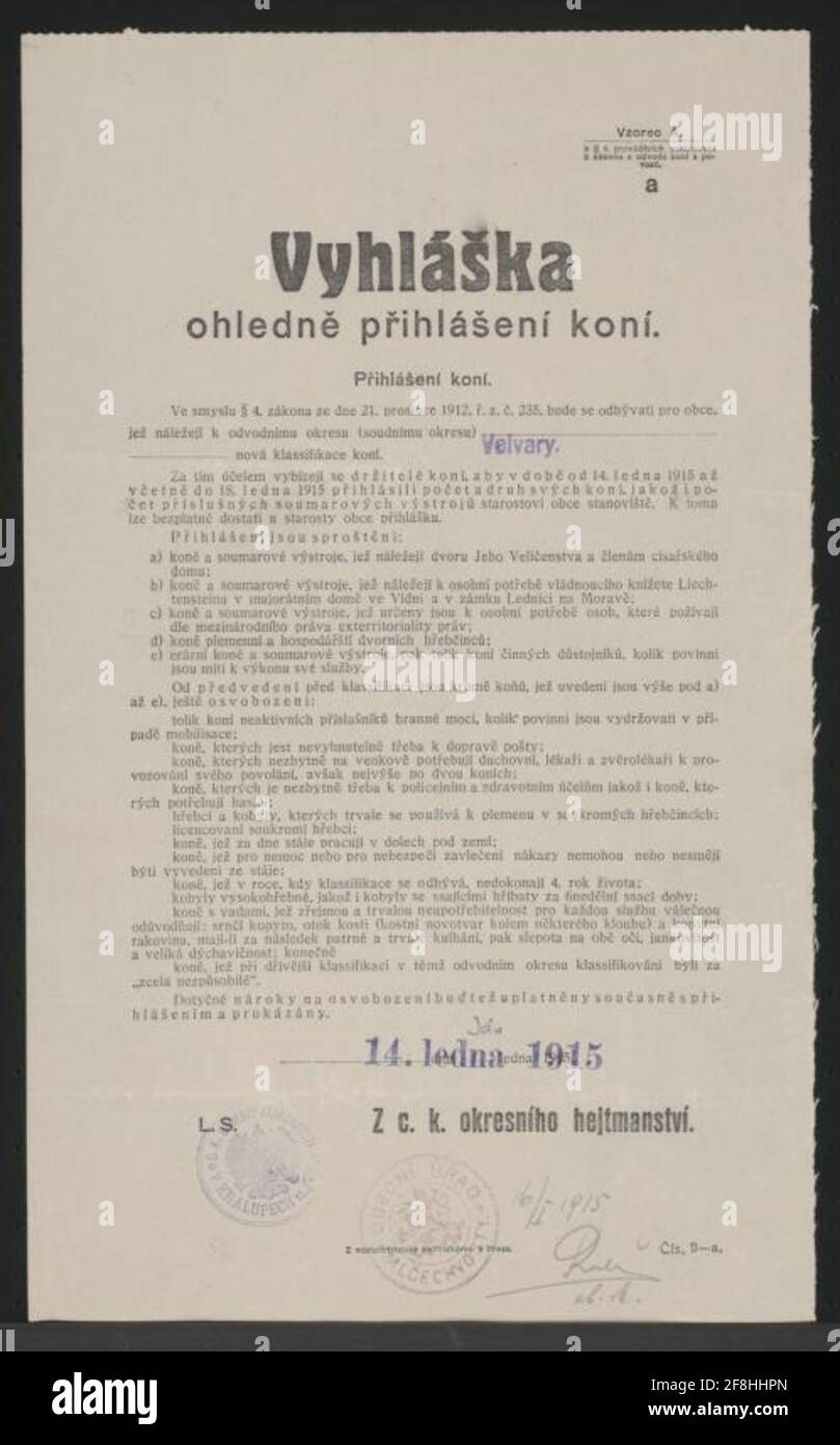 Cavalli specializzati - Kralup - in lingua ceca secondo la legge del 21 dicembre 1912 - Nuova classificazione dei cavalli - appuntamento dal 14 al 18 gennaio - elenco - eccezioni - K. u. K. District Main team, il 14 gennaio 1915 - No. 16 / i 1995 Foto Stock